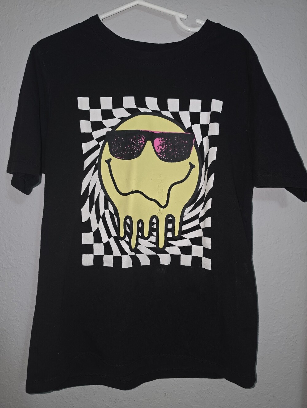 Black Graphic Tee with Yellow Drip Smiley and Sunglasses